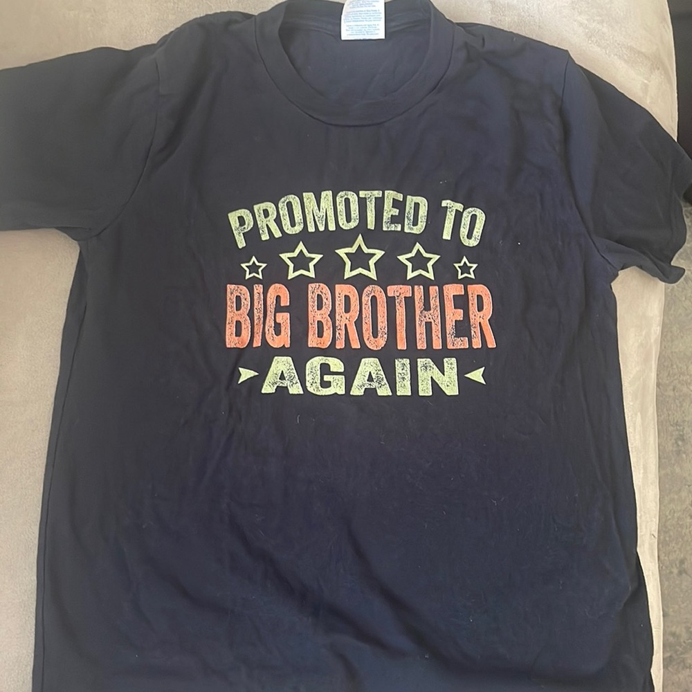 Kids size small "promoted to big brother again" shirt